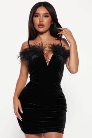 Black Fashion Nova Krissy Velvet Mini Women Dress USA | 546830OMJ