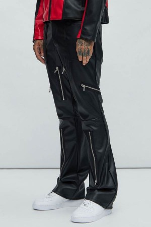 Black Fashion Nova Laughlin Faux Leather Slim Stacked Flare Men Pants USA | 081367ULE