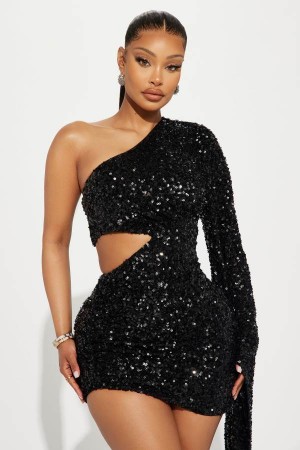 Black Fashion Nova Leilani Sequin Mini Women Dress USA | 176240NMC