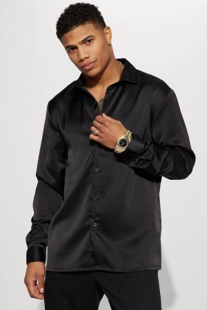 Black Fashion Nova Links Satin Long Sleeve Button Up Men Shirts USA | 987356EMY