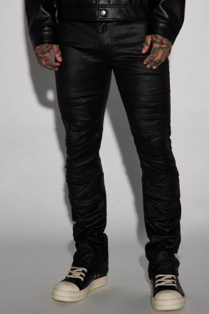 Black Fashion Nova Live Wire Waxed Pleat Skinny Flare Men Pants USA | 281390YOS