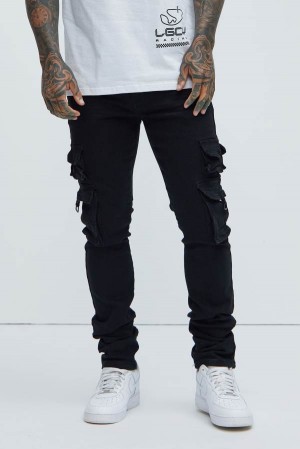 Black Fashion Nova Loaded Stacked Skinny Cargo Men Jeans USA | 016273ERI