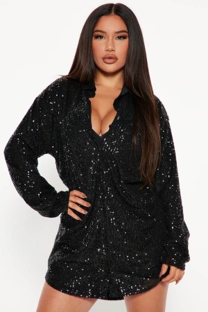 Black Fashion Nova Lumina Sequin Shirt Women Dress USA | 984021SKC