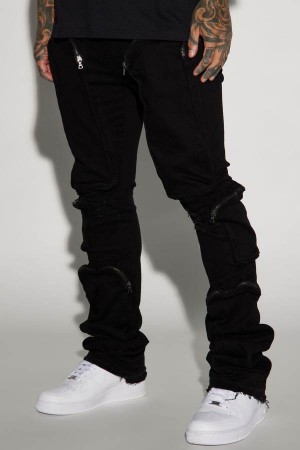 Black Fashion Nova Many Pockets Cargo Stacked Skinny Flare Men Jeans USA | 563047WIA