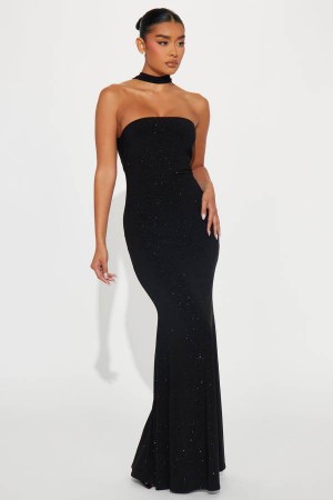 Black Fashion Nova Maylee Glitter Maxi Women Dress USA | 498607AUH