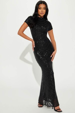 Black Fashion Nova Meet On The Dancefloor Sequin Maxi Women Dress USA | 164823JYX