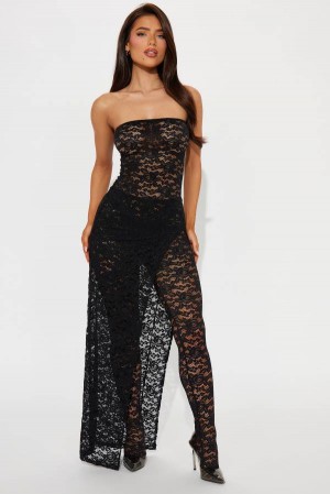 Black Fashion Nova Meredith Lace Maxi Set Women Dress USA | 413905XJR