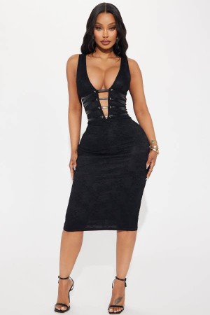 Black Fashion Nova Modern Muse Lace Midi Women Dress USA | 309768WHV