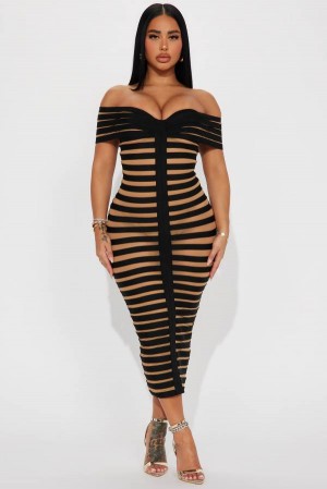 Black Fashion Nova Navaeh Bandage Midi Women Dress USA | 608395PCQ