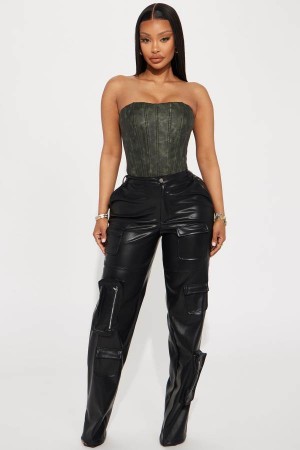 Black Fashion Nova Never Too Late Faux Leather Cargo Women Pants USA | 567289RHB