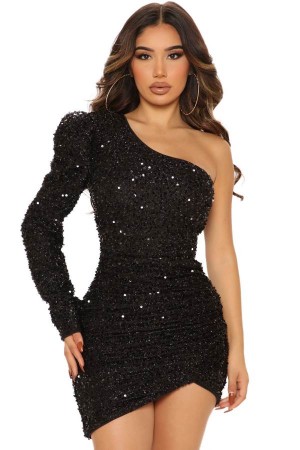 Black Fashion Nova Olivia Sequin Mini Women Dress USA | 062934QTI