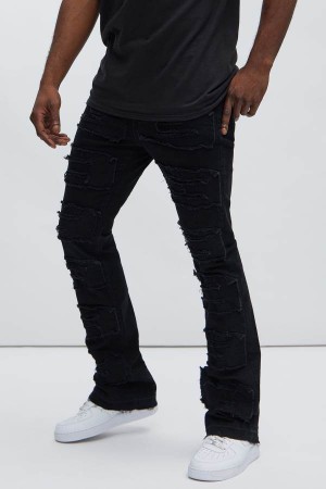 Black Fashion Nova Patch Ripped Stacked Skinny Flare Men Jeans USA | 812635RTW