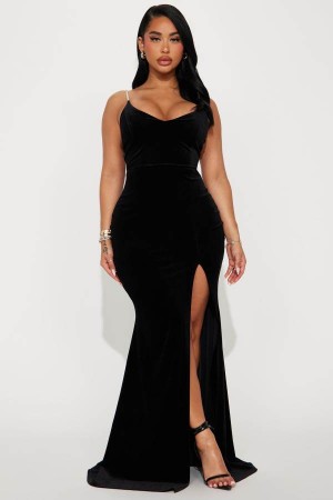 Black Fashion Nova Pearly Nights Velvet Maxi Women Dress USA | 697815WMZ