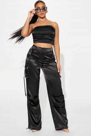 Black Fashion Nova Perfect Night Satin Pant Set Women Pants USA | 478351PAN