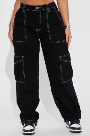 Black Fashion Nova Petite Give Me A Break Cargo Carpenter Women Jeans USA | 572463KBG