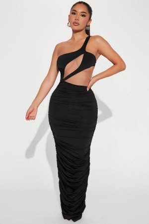 Black Fashion Nova Provocative Infatuation Ruched Maxi Women Dress USA | 743928ZGA