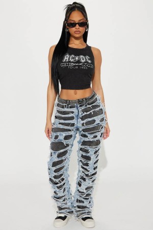 Black Fashion Nova Ripped To Shreds Two Tone Straight Leg Women Jeans USA | 437126JKP