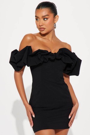 Black Fashion Nova Romy Ruffle Off Shoulder Mini Women Dress USA | 246750TDG