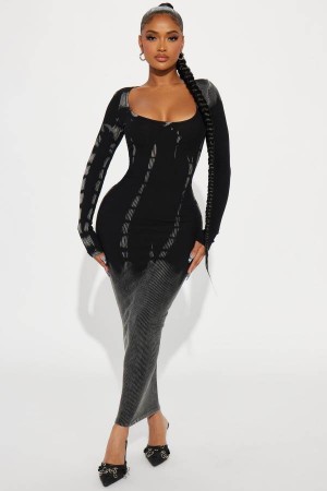 Black Fashion Nova Rough Riding Ribbed Maxi Women Dress USA | 259418PHZ