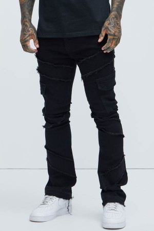 Black Fashion Nova Simi Fray Cargo Stacked Skinny Flare Men Jeans USA | 673905TFZ