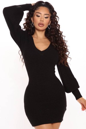 Black Fashion Nova Steph Sweater Mini Women Dress USA | 240865JDG