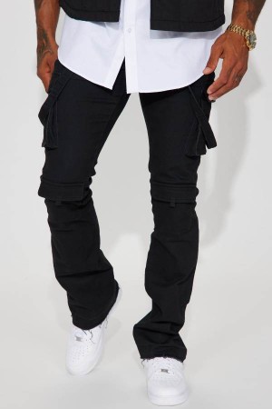 Black Fashion Nova Strapped In Cargo Stacked Skinny Flare Men Jeans USA | 216079TWE