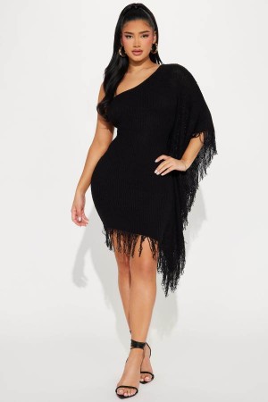 Black Fashion Nova Taylor Solid Fringe Knit Mini Women Dress USA | 631984PEC