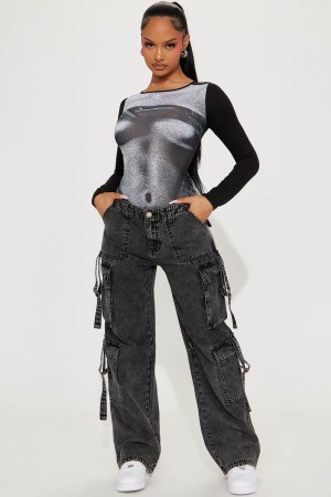 Black Fashion Nova Unphased Mineral Wash Cargo Women Pants USA | 750896DTF