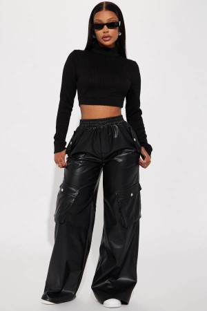 Black Fashion Nova Valencia Faux Leather Cargo Women Pants USA | 753098YTN