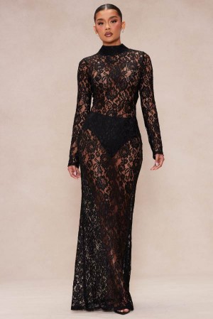 Black Fashion Nova Valentina Lace Maxi Women Dress USA | 941830ZFC