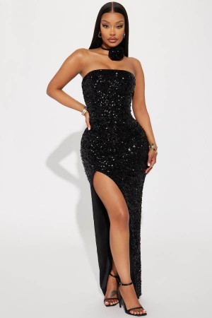 Black Fashion Nova Valentina Sequin Maxi Women Dress USA | 031762EZF