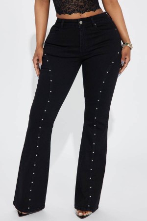 Black Fashion Nova Well Deserved Studded Stretch Flare Women Jeans USA | 639807WLX