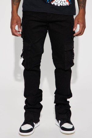 Black Fashion Nova With Me Cargo Stacked Skinny Flare Men Jeans USA | 960534VSH