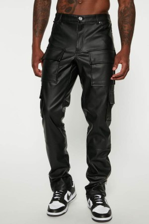 Black Fashion Nova Zip It Faux Leather Slim Cargo Men Pants USA | 481302XJF