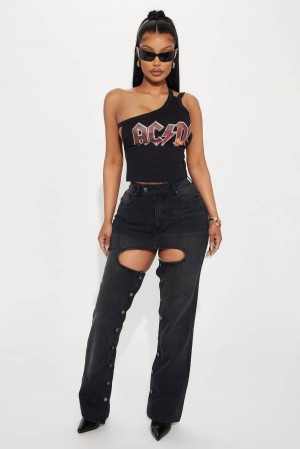 Black Wash Fashion Nova Brandi Button Up Straight Leg Women Jeans USA | 790312WBA