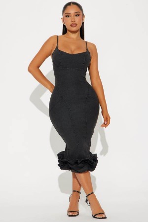 Black Wash Fashion Nova Darlina Denim Ruffle Midi Women Dress USA | 362859CGB