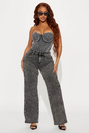 Black Wash Fashion Nova Getting The Word Out Straight Leg Women Jeans USA | 298357AXY