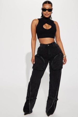 Black Wash Fashion Nova Got It All Non Stretch Zip Cargo Women Jeans USA | 071354ALD