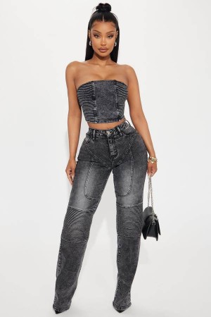 Black Wash Fashion Nova Have It My Way Moto Stretch Straight Leg Women Jeans USA | 832796HKB