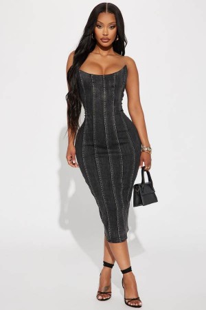 Black Wash Fashion Nova Hottie Denim Midi Women Dress USA | 675123FDZ