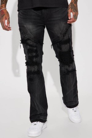 Black Wash Fashion Nova Let Em Slide Destroyed Relaxed Flare Men Jeans USA | 094751VIE