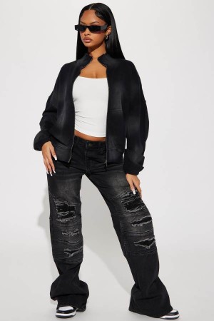 Black Wash Fashion Nova Moto Ripped Wide Leg Women Jeans USA | 340285HTB