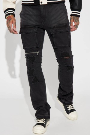 Black Wash Fashion Nova Pockets Full Of Money Stacked Skinny Flare Men Jeans USA | 180426IXC