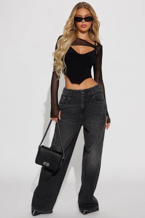 Black Wash Fashion Nova The West End Drop Waist Baggy Women Jeans USA | 028376MIQ