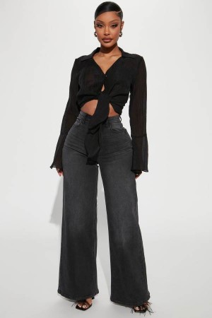 Black Wash Fashion Nova Time Well Spent Stretch Wide Leg Women Jeans USA | 087439GNJ