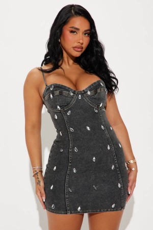 Black Wash Fashion Nova Zin Denim Micro Mini Women Dress USA | 478250CJN