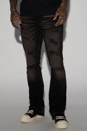 Black / Brown Fashion Nova Nonchalant Distressed Stacked Skinny Flare Men Jeans USA | 296037BAC