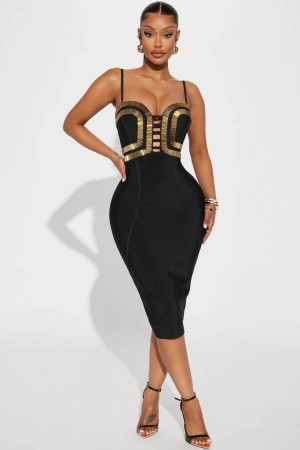 Black / Gold Fashion Nova A Fine Time Bandage Midi Women Dress USA | 061483ZTR