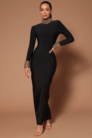 Black / Gold Fashion Nova Cleo Embellished Maxi Women Dress USA | 093742MKS