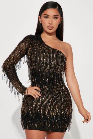 Black / Gold Fashion Nova No Strings Attached Sequin Mini Women Dress USA | 627018CNY